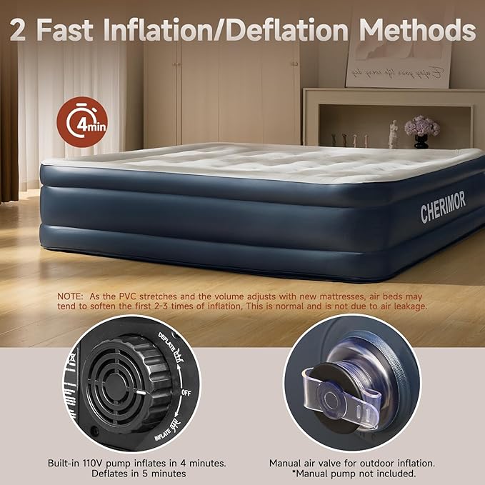 CHERIMOR California King Size Air Mattress with Built in Pump, 18" Luxury Thick Inflatable Blow up Mattress for Guests & Home, Fast Self-Inflating Air Bed with Carry Bag for Camping