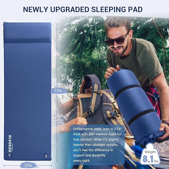 Elegear CumbreX™ Self Inflating Sleeping Pad, 3.15" Ultra-Thick Memory Foam Camping Pad with Pillow Fast Inflating in 20s Insulated Camping Mattress Pad 4-Season Camp Sleeping Mat for Camp/Travel/Tent