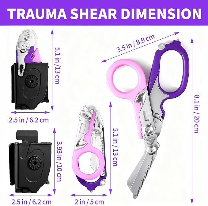 Folding Trauma Shears for EMT Accessories, 6 in 1 Multi-function Medical Shears with Holster for Outdoor Camping, Emergency Rescue, First Responders (Purple)