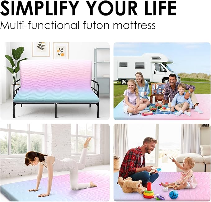 SCHNAUZER HOME Japanese Floor Futon Mattress, 3.5" Thicken Colorful Rainbow Portable Floor Mattress, High-Density Foam Tatami Mat Sleeping Pad for Camping Guest Room Dormitory RV, Full