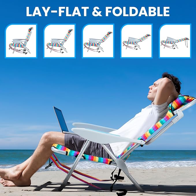 Portable Beach Chair for Adults, Outdoor Camping Chair Lay Flat Folding Backpack Beach Reclining Chair with 5 Positions, Headrest, Cup Holder, Heavy Rainbow Striped