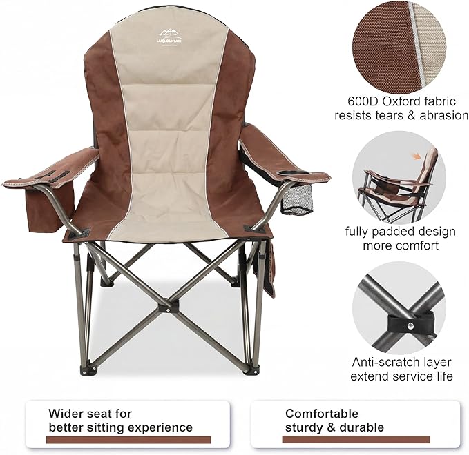 Camping Chairs for Adults,High Back Folding Camp Chair with Cup Holder and Cooler Bag,Heavy Duty Outdoor Lawn Chairs,Perfect for Camping,Hiking,Picnics,and Beach Trips,Moca