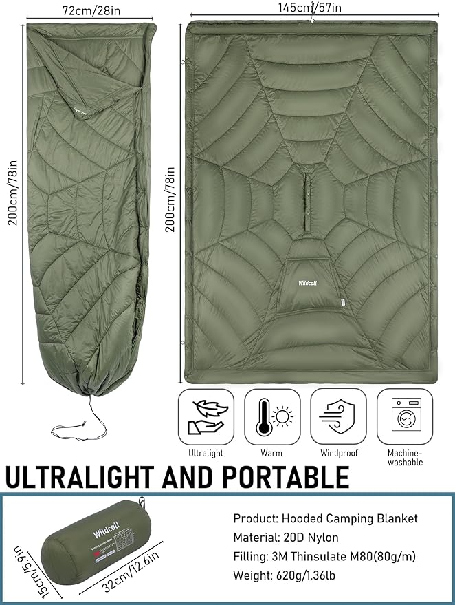 WildCall Hooded Camping Blanket with 3M Thinsulate Insulation Wearable Poncho Blanket Ultralight Foldable Quilt Sleeping Bag for Outdoor, Hiking, Stadium