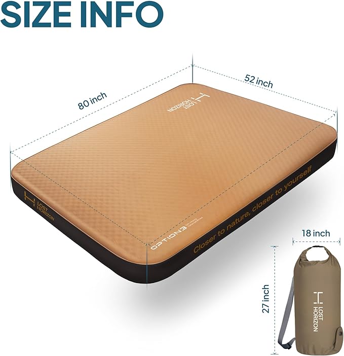 Lost Horizon Air & Foam Camping Mattress, Self-Inflating Sleeping Pad, 4.5" Thick, with Pump Sack, Full