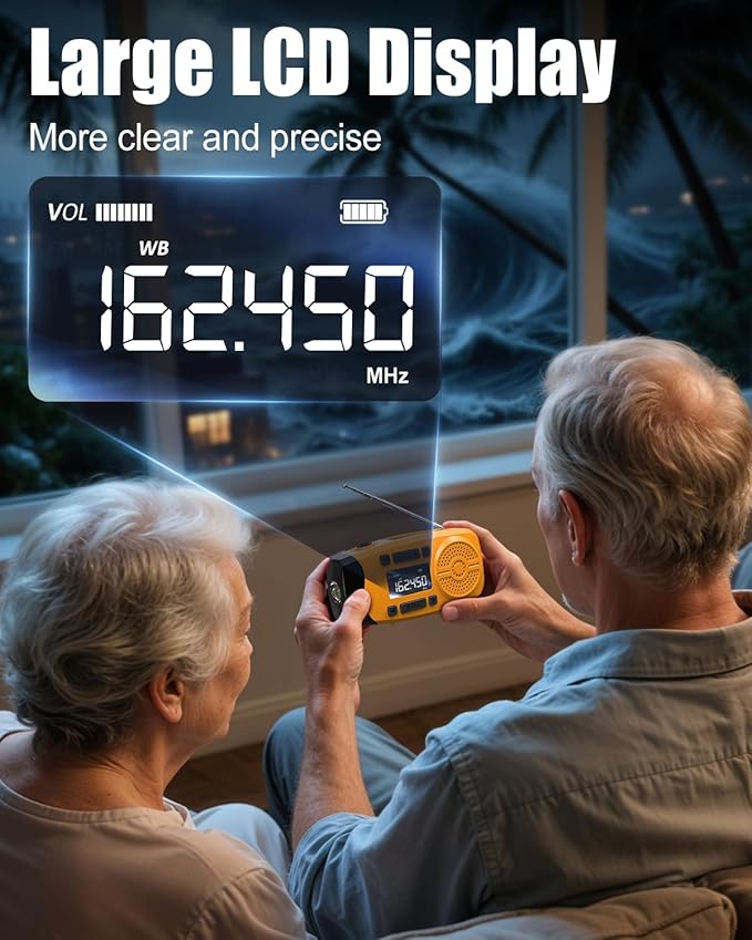 Runningsnail Emergency Weather Radio, 7400mWh Hand Crank Emergency Radio with LCD Display, Support Weather Alert Radio, USB/Solar/Hand Crank,1W Flashlight&SOS Alarm for Outdoor&Home Emergency (Orange)