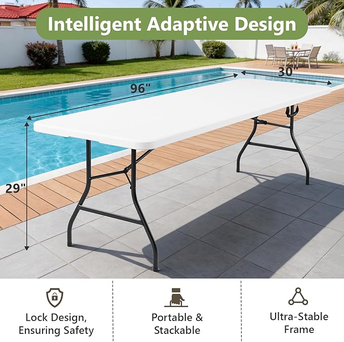 Folding Table 8ft - Heavy Duty Plastic Table with Handle, Foldable & Portable, Fold-in-Half Utility Tables for Outdoor, Dining, Wedding, Events, Indoor, Picnic, Camping, Party (White)