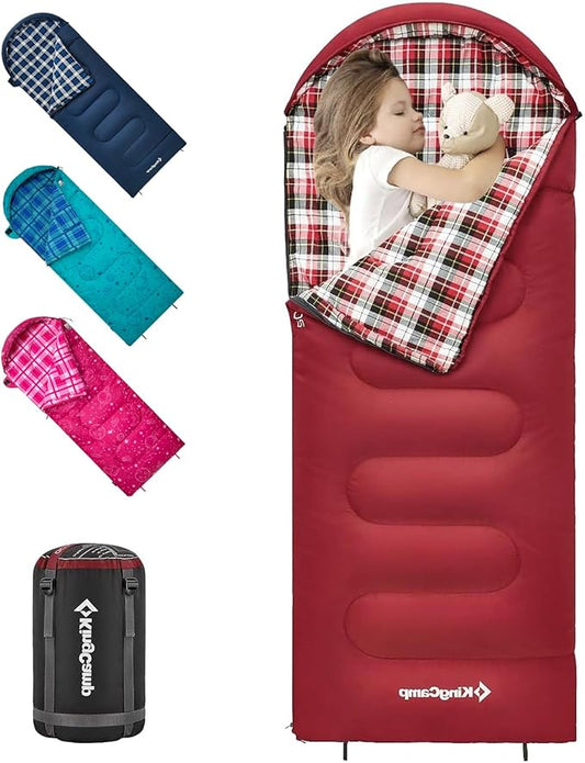 KingCamp 45°F Kids Sleeping Bag, Lightweight Waterproof & Compact Flannel Sleeping Bags Cold Weather & Warm Youth Essentials Gear Accessories for Camping, Fits 10-12 Children up to 4'7"-5'5" Tall