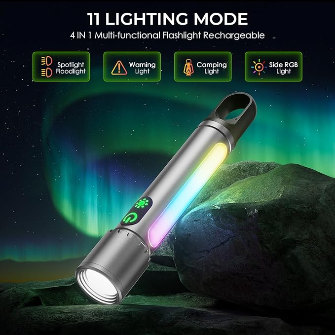 ADDplus Magnetic Flashlight Rechargeable,2000LM 5000mAh Flashlights High Lumens with 18 Modes,Waterproof, Adjustable,Powerful Flash Light,Multi-Flashlights for Home,Car,Hiking,Camping (1, Silver)