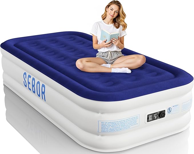 Sebor Air Mattress Twin with Built-in Pump 18", Comfortable Self-Inflating Air Mattress with High-Speed Pump, Durable Blow Up Mattress Twin with Storage Bag for Guests, Camping, Travel
