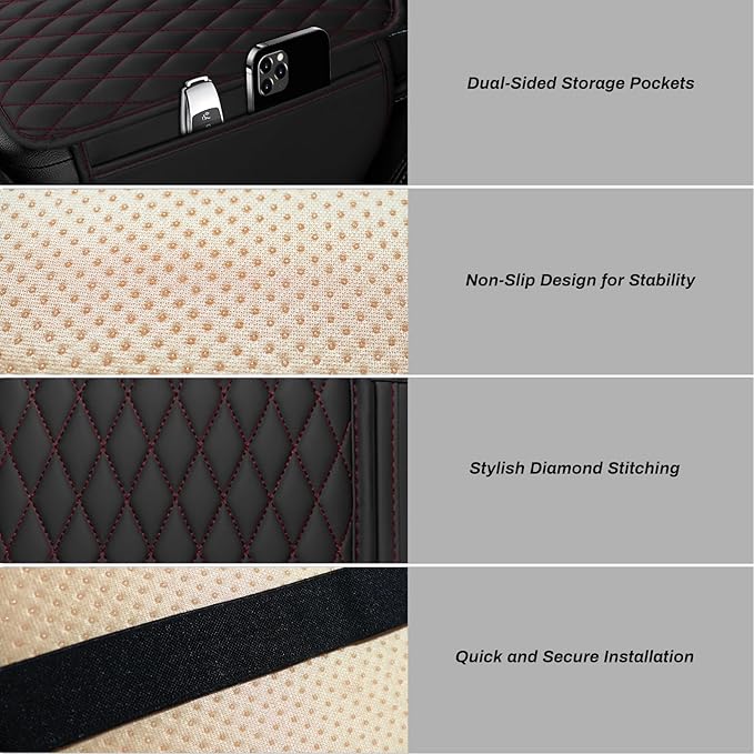 Ouzorp Car Center Console Cover, Upgraded Microfiber Leather Car Arm Rest Cover with 2 Storage Bags, Universal Armrest Cover for Car Storage Box Protector for Most Vehicle-Black with red line