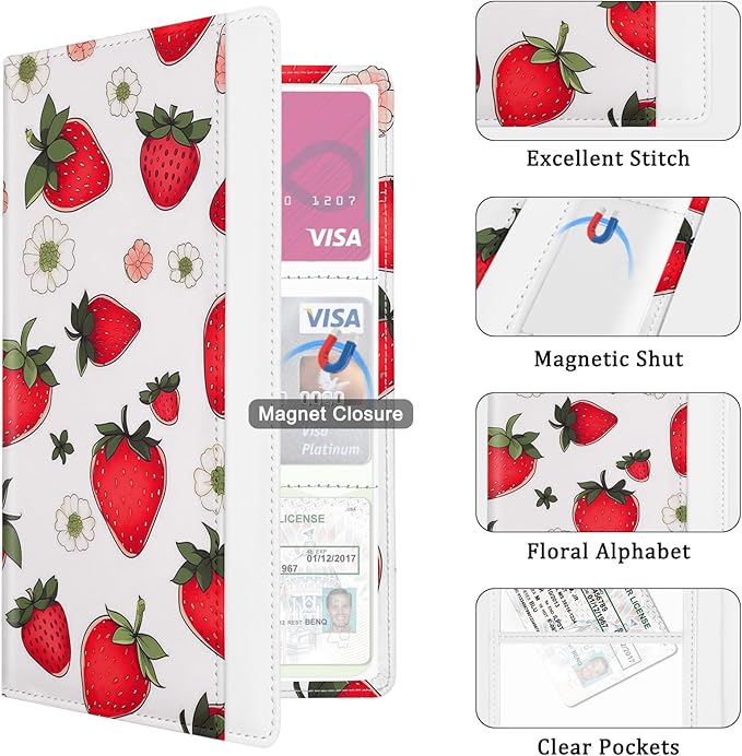 Car Registration and Insurance Holder, with Magnetic Closure for License, Cards and Documents, All Vehicle Needs and Car Accessories (Strawberry)