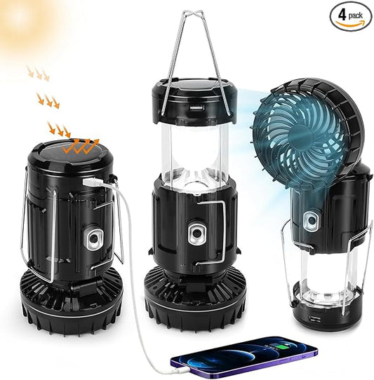 4 Pack 2026 Upgrade Solar Portable Lantern Rechargeable Fan - Collapsible Lightweight LED Camping Lantern for Power Outages Flashlight Survival Kits for Outdoor Tent