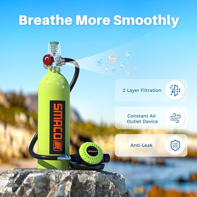 SMACO Mini Scuba Tank 1L Small Diving Tank for Underwater Breathing Portable Lung Air Tank Diving Oxygen Cylinder Kit for Emergency Rescue Boat Cleaning Backup Air Source Pony Bottle S400
