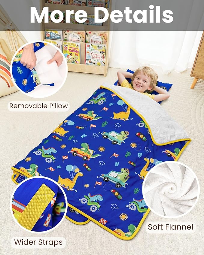 Primlect Toddler Nap Mat with Removable Pillow and Flannel Blanket, Portable Sleep Bag for Kids, Easy to Roll up, Washable, Perfect for Daycare, Preschool, Boys and Girls, 3-6 Years
