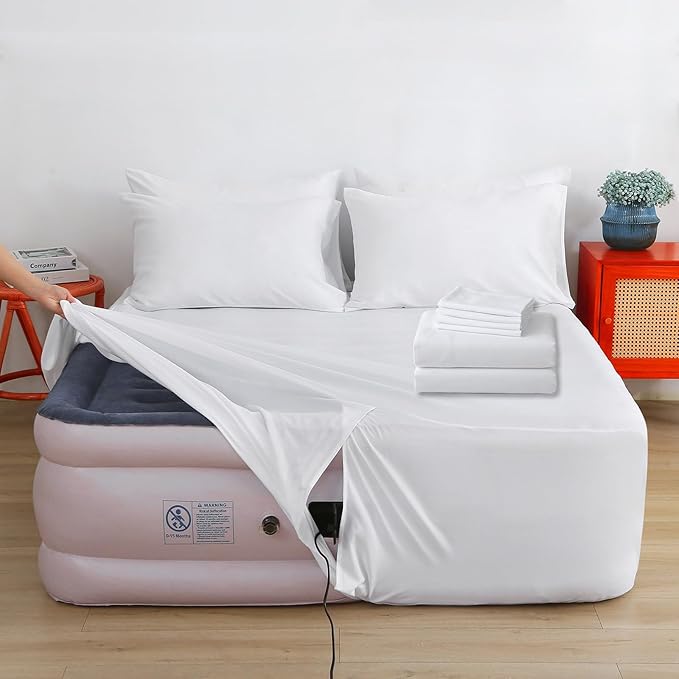 Air Mattress Sheet Set Queen Size,6 Piece Deep Pocket Bed Sheet Set for 16-24 Inch Air Bed,Easy Inflate Access,Perfect for Guest Room, RV, Camping,White