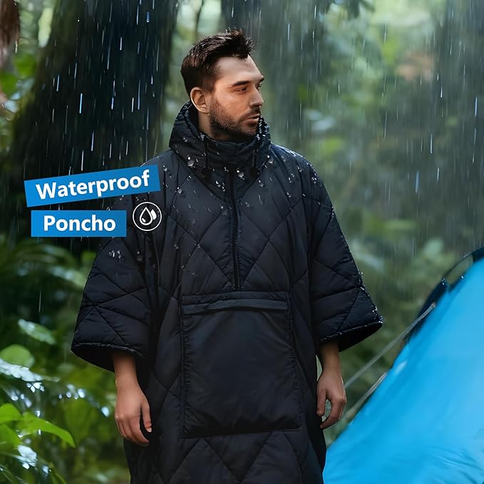 Camping Outdoor Blanket, Ultralight Down Alternative Printed Travel Camp Blankets for Sleeping Packable Waterproof Puffy Quilt for Hammock Picnic Stadium Beach Cold Weather (Black Blanket Poncho)