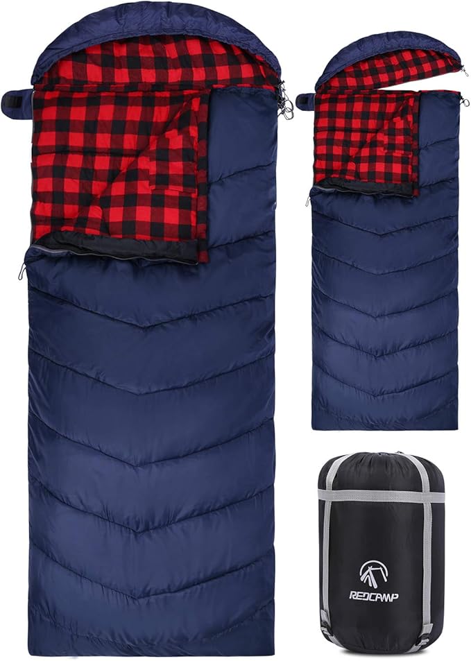 REDCAMP Flannel Sleeping Bag for Adults, Comfortable Cotton Sleeping Bags for Camping with Detachable Hood, Red/Grey/Blue/Black