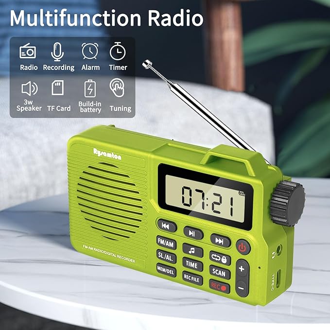 Portable AM/FM Radio, Digital Radio Recorder, Bluetooth 5.0 Speaker, Alarm & Sleep Function, 12/24H Time Display (Yellow Green)