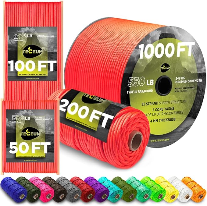 TECEUM Reflective Paracord Rope 1000 – 1000ft/200ft/100ft/50ft – 40+ Colors – Glow in The Dark – para Cord – Utility Rope for Survival, Hunting & Camping Gear – Nylon String, Camping Rope, Tent Cord
