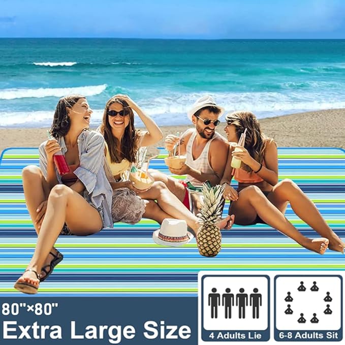 LRUUIDDE Extra Large 80"x 80" Beach Blanket, Outdoor Picnic Blankets, Waterproof Sandproof Portable Blankets, Foldable and Lightweight for Spring Summer Camping, Beach, Park (Blue, 80x80 in)