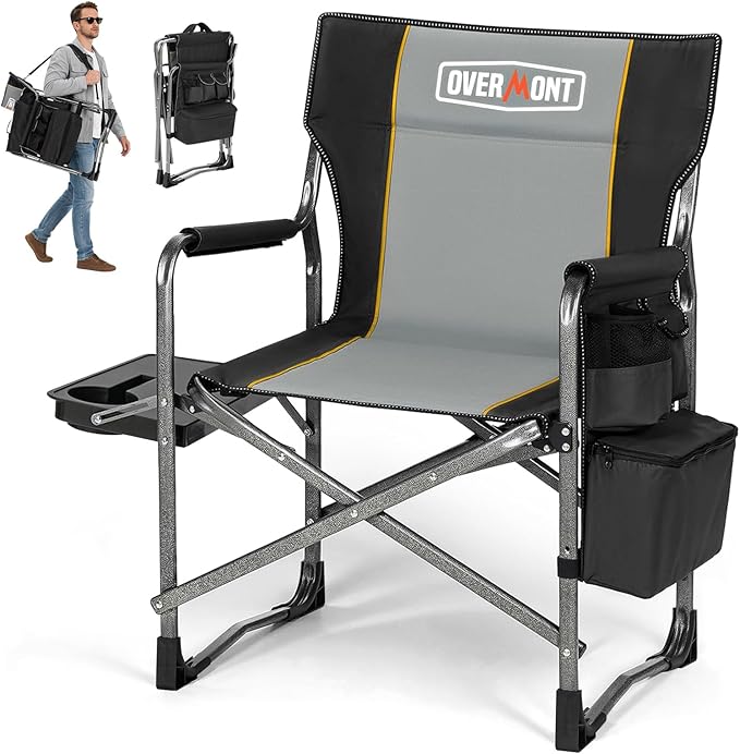 Overmont Oversized Lightweight Camping Chair - Portable Comfortable Heavy Duty Foldable Directors Chairs with Side Table & Cooler Bag for Outside Camp Beach Picnic Lawn and Fishing Supports 400lbs