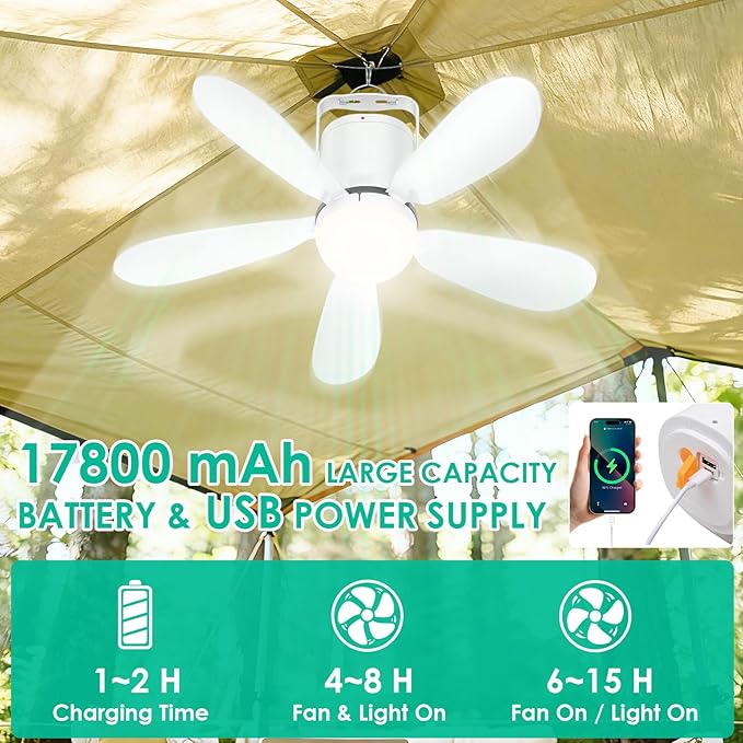 21” Battery Operated Ceiling Fan Light, Portable Ceiling Fan with Remote, Wireless Rechargeable Gazebo Fan Light for Outdoor, for Tent Porch Patio Camping Canopy Chicken Coop Outside