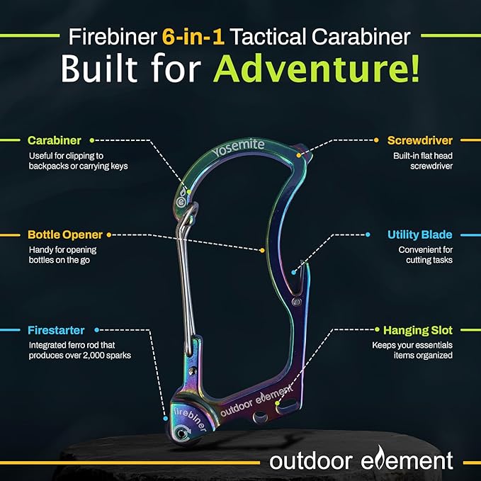 OUTDOOR ELEMENT Firebiner Custom Engraved 6-in-1 Fire Starter Carabiner Multitool – Survival Gear EDC Keychain with Utility Blade, Bottle Opener, Screwdriver, Emergency Tool