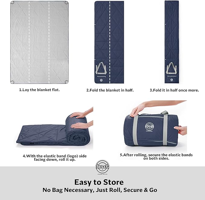 STOVER Large Waterproof Outdoor Stadium Blanket- Extra Thick Soft Fleece Camping Blanket for Travel, Picnics, Sports, Dogs 79"x55", Warm, Windproof, Sand-Proof, Lightweight, Packable (Alpine Blue)