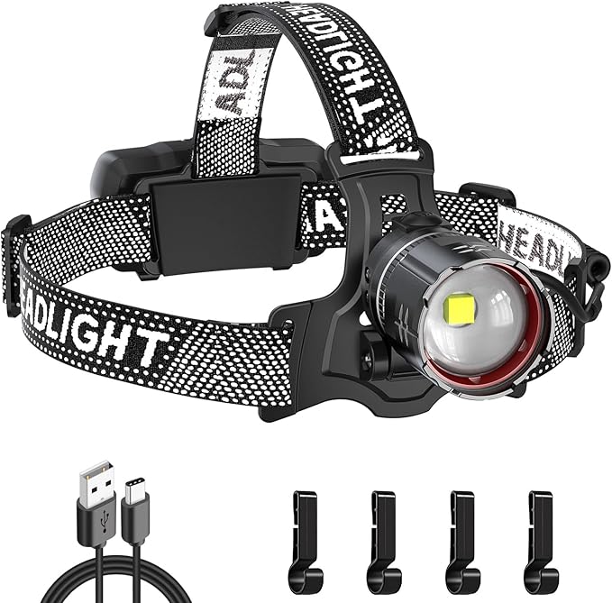 ATDOALL Super Bright LED Headlamp, High Lumen Rechargeable Head Lamp with Motion Sensor, 5 Modes, IPX5 Waterproof, 90° Adjustable, Zoomable Head Lights for Adults, Hard Hat, Outdoor, Camping
