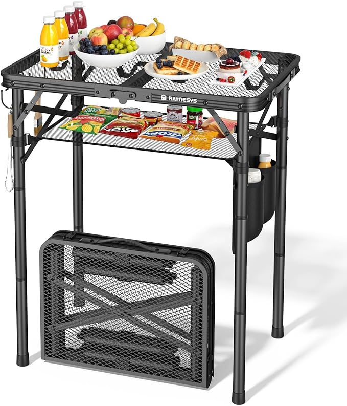 Folding Grill Table for Outside, 3 Height Adjustable Small Camping Table with Mesh Bag, Metal Aluminum Folding Table, 23.62 x 15.75 inches, Portable Grill Stand for Picnic, Camping, BBQ, Beach, Black