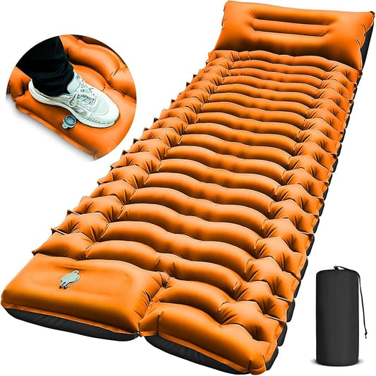 FUN PAC Camping Sleeping Pad, Ultralight Camping Pad with Pillow Built-in Foot Pump Inflatable Sleeping Pads Compact for Camping Backpacking Hiking Traveling - Orange