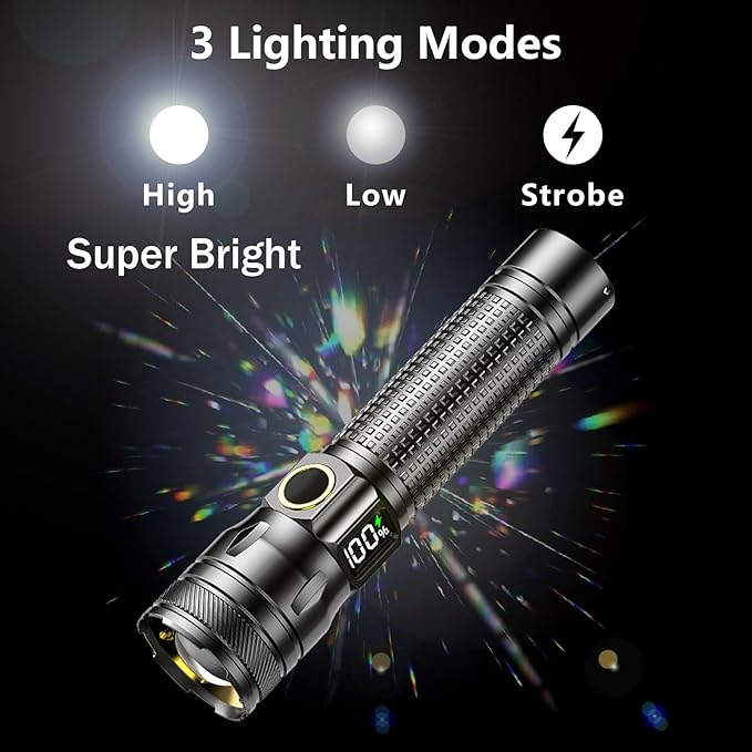 Gotellx Rechargeable LED Flashlights with Digital Power Display, Zoomable High Lumens Bright EDC Flashlight with USB C Charging Port for Home and Outdoor Emergency, Camping Essentials, Survival Gear