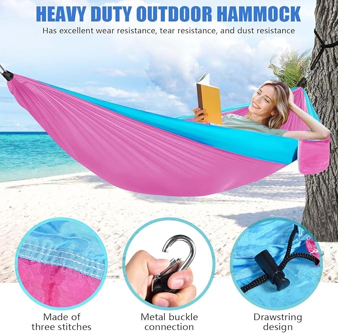 OBTANIM Camping Hammock 500lbs Portable Lightweight Single or Double Hammock with Tree Straps and Carry Bag for Camping Backpacking Hiking Travel Beach Outdoor Indoor (Blue and Pink)