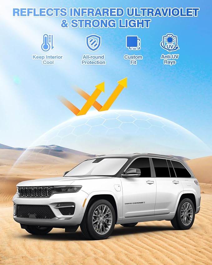 Canvcle Windshield Sun Shade for 2022-2025 2026 Jeep Grand Cherokee Accessories Sunshade Side Rear Window Shade Cover Sun Visor Shield Privacy Protection Keep Vehicle Cool Black 8PCS