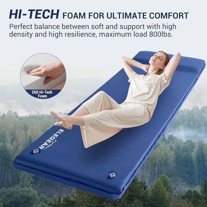 Elegear CumbreX™ Self Inflating Sleeping Pad, 3.15" Ultra-Thick Memory Foam Camping Pad with Pillow Fast Inflating in 20s Insulated Camping Mattress Pad 4-Season Camp Sleeping Mat for Camp/Travel/Tent