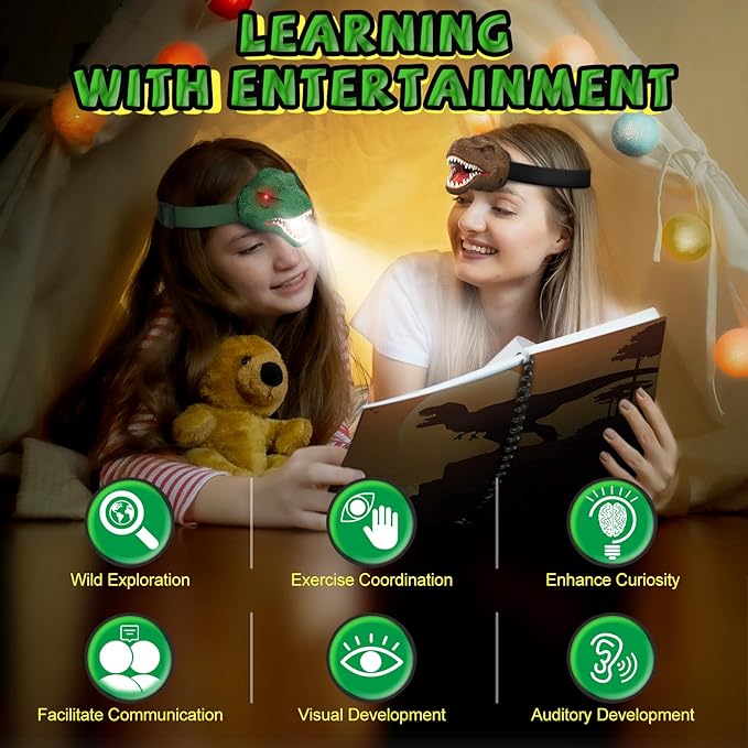 Nitigo Dinosaur Headlamp for Kids Flashlight Led Headlights Roar & Silent Mode, T-Rex Dinosaur Toys for Kids 3-5 4-6 5-7 6-8, Camping Gear, Valentines Day Gifts for Boys Girls Adults