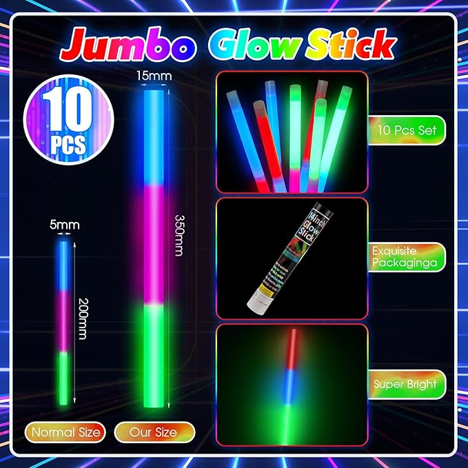 Lewtemi 10 Pcs Large Glow Sticks Big Giant Jumbo Halloween Christmas Emergency Light Stick for Camping Accessories, Survival Kit