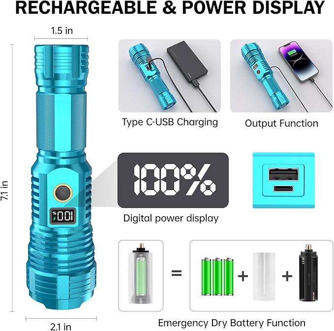 Flashlights High Lumens Rechargeable, 100,000LM LED Super Bright Flash Light, Zoomable Linternas with LCD Digital Display, 5 Mode, Waterproof, Powerful Tactical Flashlight for Emergencies Camping Gift
