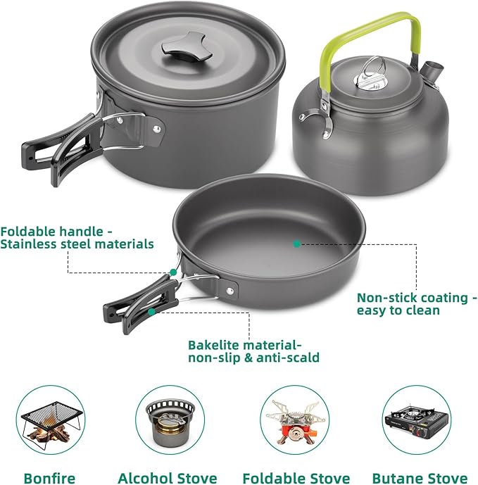 18pcs Camping Cookware Kit, Aluminum Non-Stick Pot, Pan and Kettle Set with 2 Set Stainless Steel Cups Plates Forks Knives Spoons for Backpacking and Hiking Camping
