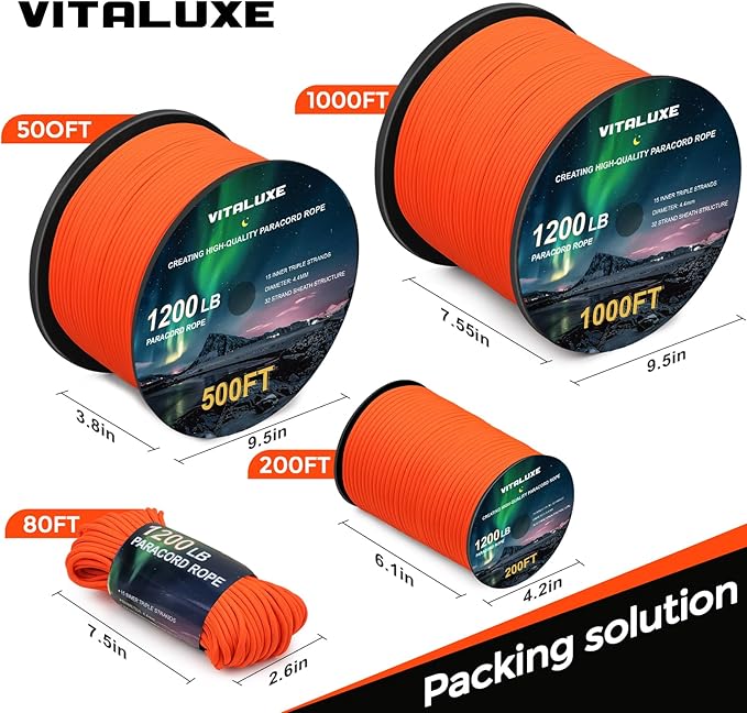 1200lb Paracord Rope, 4.4mm 15 Triple Strands Paracord, Heavy Duty Tactical Parachute Cord for Survival Gear, Camping, Hiking, and Ideal for Bracelets, Lanyards, Type III