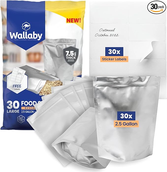 Wallaby 30 Count 2.5-Gallon Gusset Mylar Bags with Labels, 15 Mil Total Thickness Long-Term Food Storage Pouches, 18x12 Stand-Up Zipper Heat-Sealable Airtight Packaging - Silver