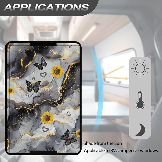 RV Door Window Shade Cover, Black Marble Sunflower Lightweight Camper Car Sunshade Privacy Window Cover, UV Rays Protection for Outdoor Camping Travel