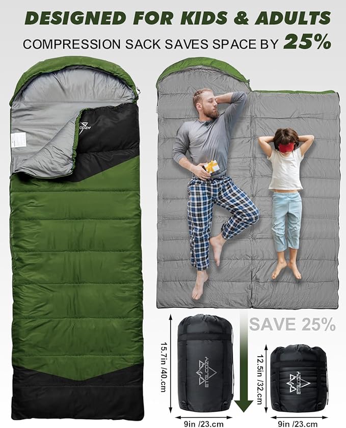 Lightweight 3-Season Sleeping Bag for Adults/Kids Camping, Compact w/Compression Sack, Waterproof Ripstop, Portable for Backpacking Hiking Travel