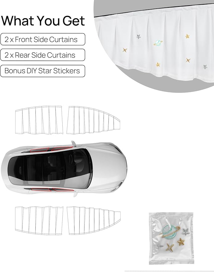 TPARTS Side Window Sunshade for Tesla Model 3 2018-2026 (Including Model 3 Highland), Privacy Curtain Blinds Front & Rear Window Shade Silk Fabric Set of 4 (Standard, Premium, Performance)