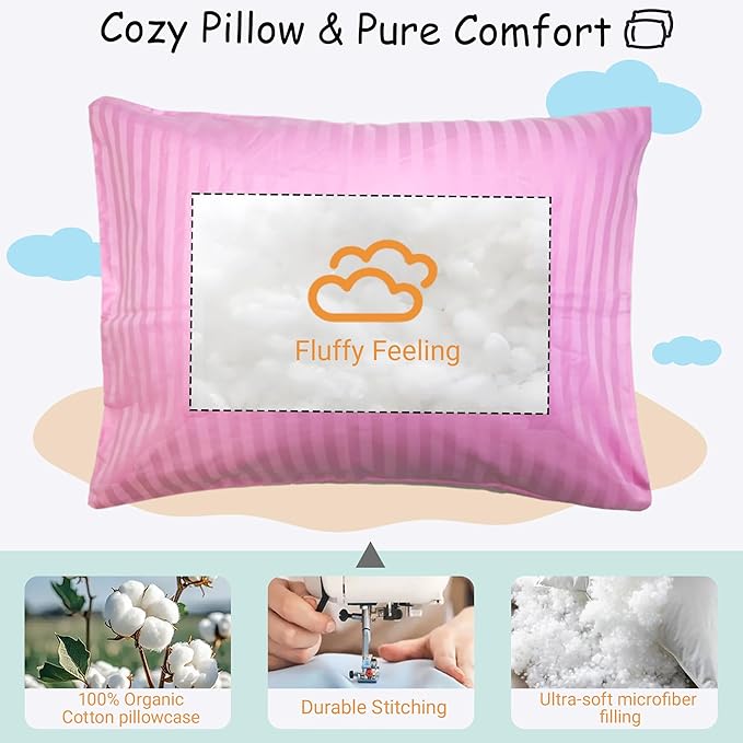 ZPECC Toddler Pillow with Pillowcase - 13x18 Organic Cotton Hypoallergenic Kids Pillow, Baby Essentials for Travel Crib Daycare Stroller (Intended for Age 2 and up) Pink Stripe