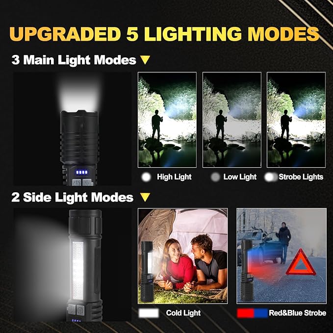 Rechargeable Flashlights High Lumens, 5 Modes Adjustable Brightness, Waterproof LED Tactical Flashlight, High Powered Handheld Flashlight for Home/Camping/Emergency (2 Pack)
