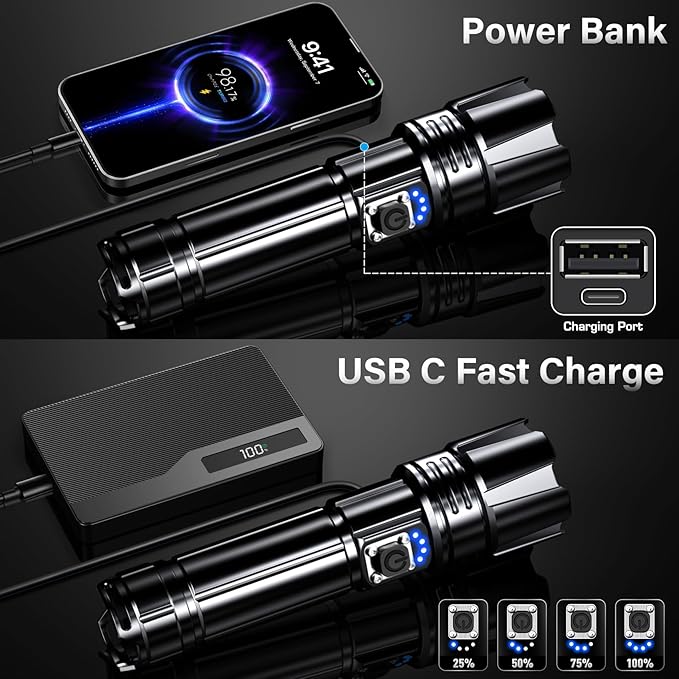 AKNEAR Rechargeable LED Flashlight 99000 High Lumens, Super Bright Flashlights with Zoomable & USB C Rechargeable & 5 Light Mode & IPX7 Waterproof, Powerful Flash Light for Home, Hiking, Camping