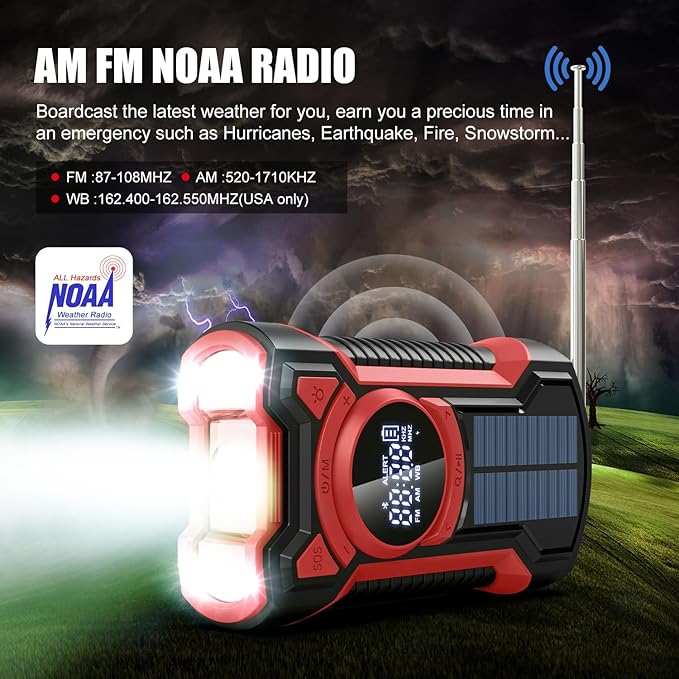 Emergency Radio Hand Crank Solar 5000mAh, IP65 Waterproof Dustproof Bluetooth 5.3 Portable AM/FM/NOAA Weather Alert Radio with Flashlight, Phone Charger, SOS, Headphone Jack- (Red)