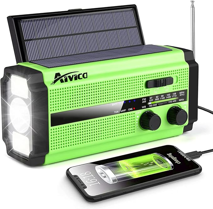 AIVICA 5000mAh/18500mWh Emergency Hand Crank Radio with 2 Solar Panels,Portable AM FM NOAA Weather Radio,Rechargeable Battery Powered Radio,USB Charger,SOS,Flashlight,Reading Lamp for Home Outdoor