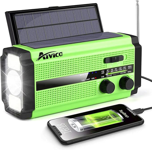 AIVICA 5000mAh/18500mWh Emergency Hand Crank Radio with 2 Solar Panels,Portable AM FM NOAA Weather Radio,Rechargeable Battery Powered Radio,USB Charger,SOS,Flashlight,Reading Lamp for Home Outdoor
